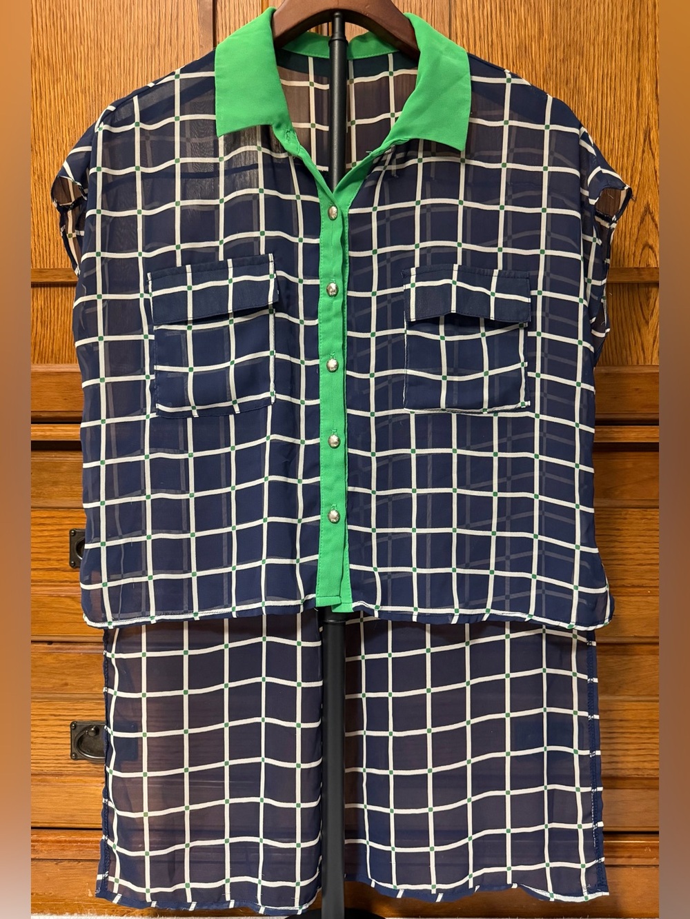 Mono B Sheer Chiffon Grid Check Colorblock Blouse High Low Cap Sleeve T18748